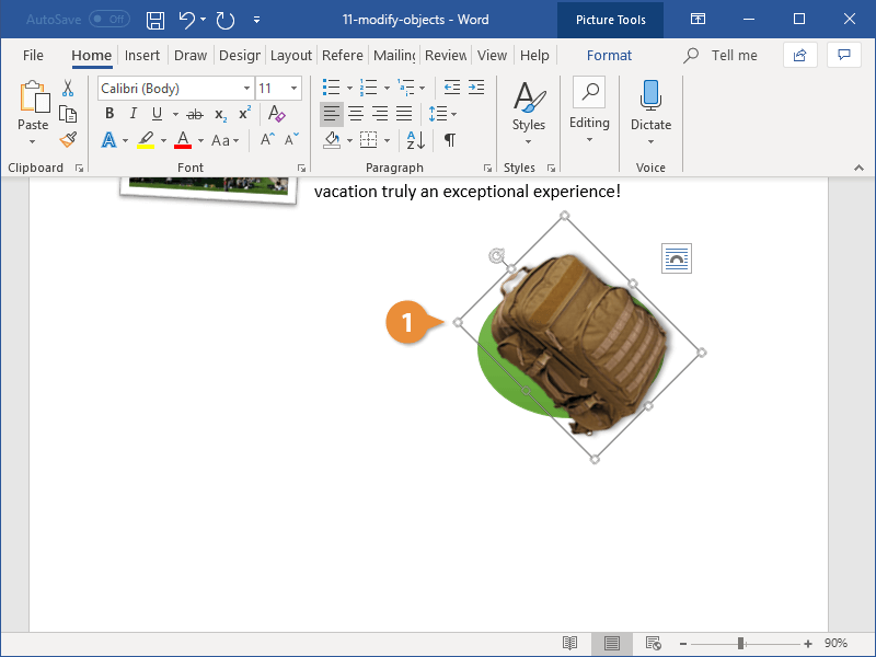 specify rotation of object in word for mac 2017